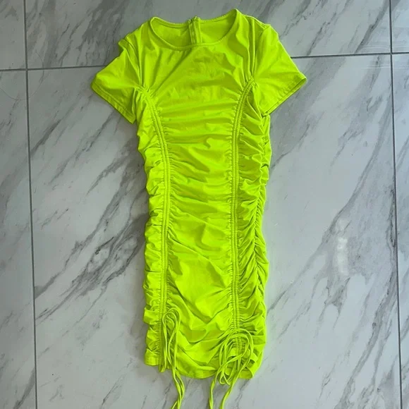 neon yellow ruched dress Neon Yellow Satin Ruched Front Mini Dress